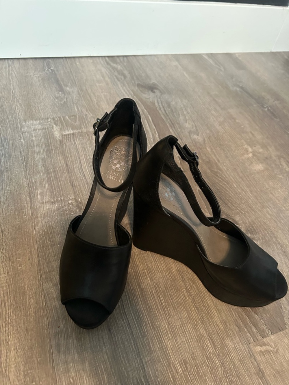 Black Vince Camuto Peep-Toe Ankle-Strap Wedge Sandals - Classic Women's Wedges